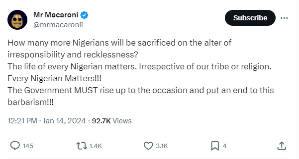 Mr Macaroni outraged at the Nigerian government [X/Mrmacaronii]