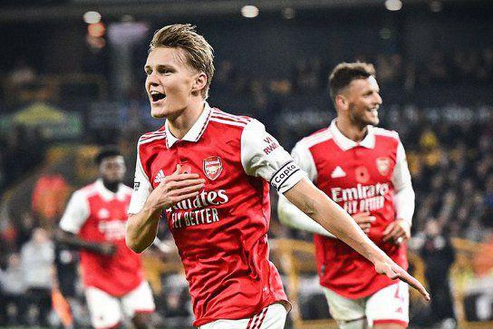 Martin Odegaard celebrates after scoring for Arsenal against Wolves