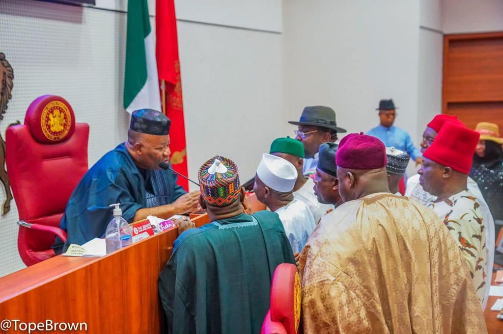 Nigerian senators with Senate President Godswill Akpabio (left) [Tope Brown]