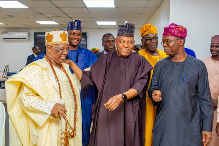 L-R - The Ayangburen of Ikorodu, Oba Kabir Adewale Shotobi; Vice-Preseident of Nigeria, Vice-President  Kashim Shettima; Senator representing Lagos-West Senatorial District, Senator Adetokunbo Mukhail Abiru, FCA; at the SAIL Innovation Lab commissionin...