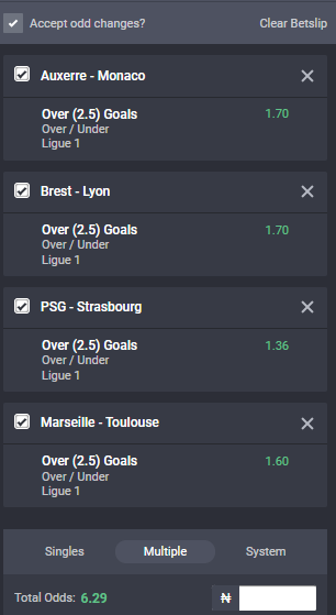 Bet9ja odds for Ligue 1 games