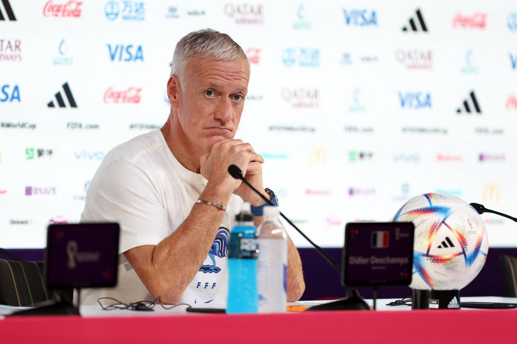 Didier Deschamps, head coach of France, reacts during a press conference at the Qatar 2022 World Cup
