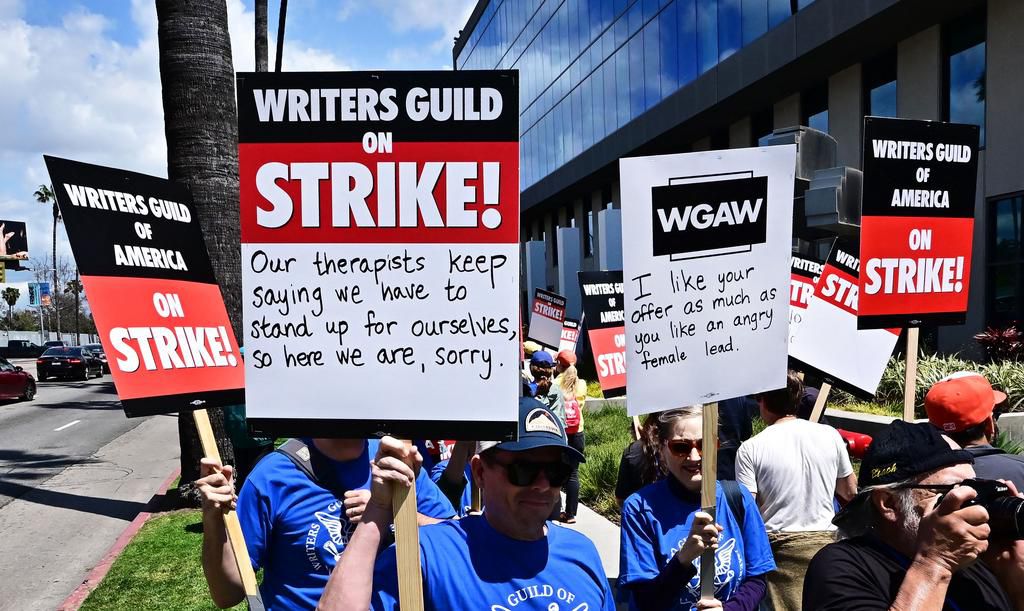 Writers picket in front of Netflix on Sunset Boulevard in Hollywood, California, on May 2, 2023, as the Writers Guild of America (WGA) goes on strike.FREDERIC J. BROWN/AFP via Getty Images