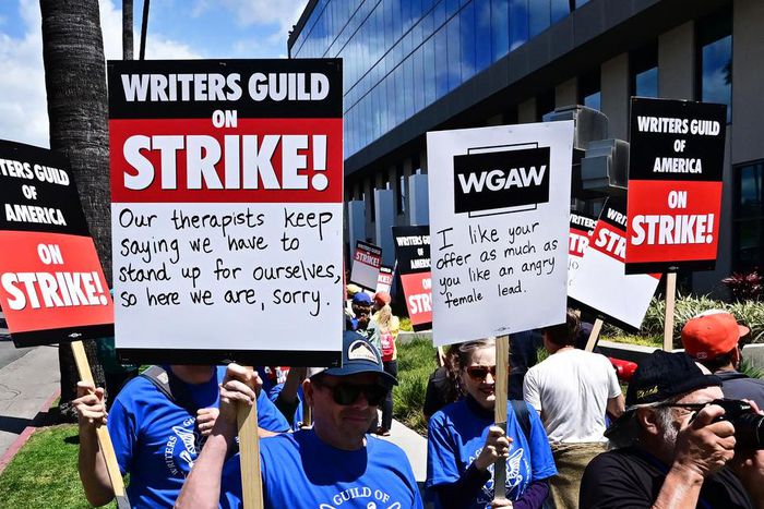 Writers picket in front of Netflix on Sunset Boulevard in Hollywood, California, on May 2, 2023, as the Writers Guild of America (WGA) goes on strike.FREDERIC J. BROWN/AFP via Getty Images