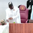 President Bola Tinubu and Senate President Godswill Akpabio shake hands at the presentation of the 2024 Appropriation Budget