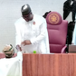 President Bola Tinubu and Senate President Godswill Akpabio shake hands at the presentation of the 2024 Appropriation Budget
