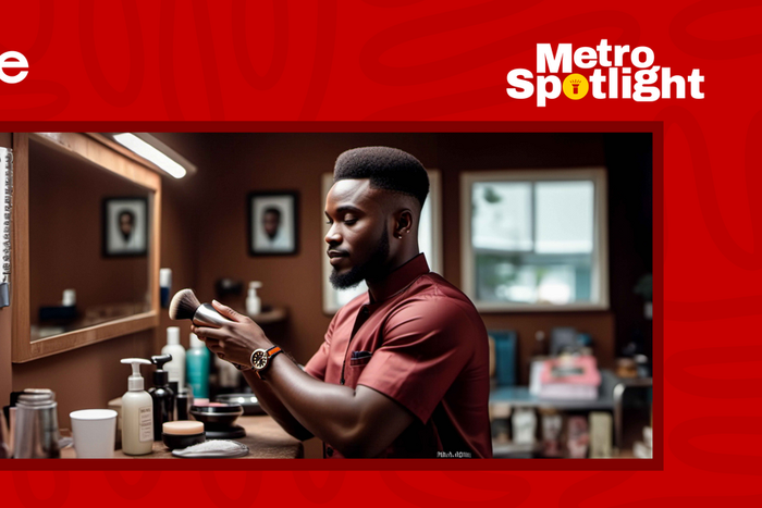 An AI-generated image of a barber with cosmetic products.