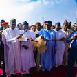 L-R: Minister of Transportation, Mu’Azu Jaji Sambo; President Muhammadu Buhari; Lagos State Governor, Babajide Sanwo-Olu; Chinese Ambassador to Nigeria, Mr. Cui Jianchun; former Governor of Ekiti State, Dr Kayode Fayemi; Ogun State Governor, Prince Dap...
