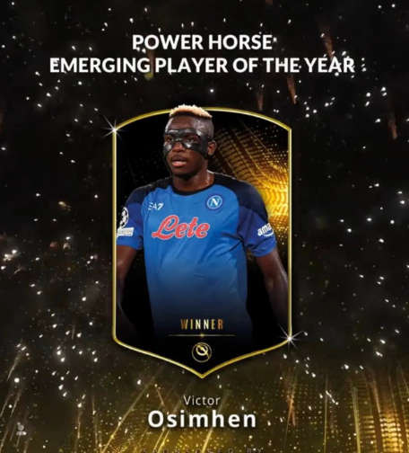 Osimhen announced as the winner of the 2022 Emerging Player of the Year at the Globe Soccer awards.