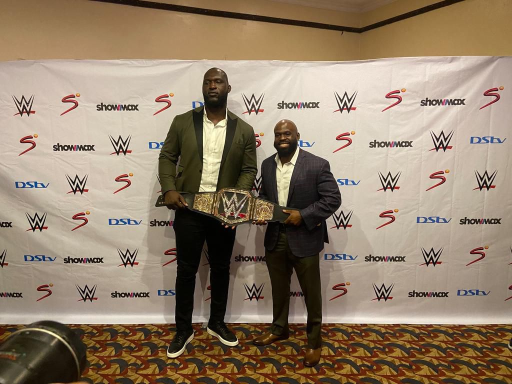 Omos and Apollo Crews at the WWE Press Conference at Sheraton Hotel, Ikeja, Lagos