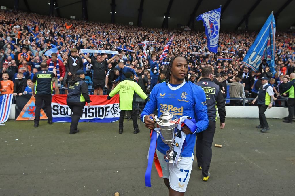 Glasgow, Scotland, 21st May 2022. Joe Aribo of Rangers with the Scottish Cup after the Scottish Cup match at Hampden Park, Glasgow.
