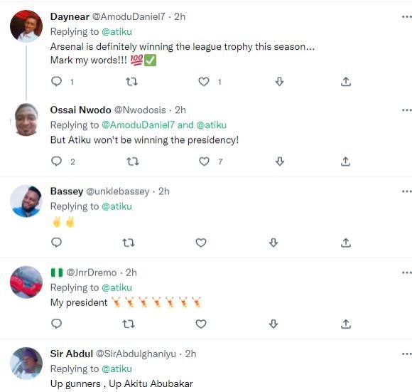 Nigerians react to Atiku Abubakar's tweet about Arsenal and Nigeria