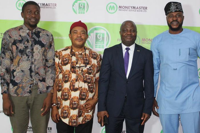L-R: Student Union representative of Lagos State University (LASU), Lawal Toyeeb, Nollywood actor Victor Osuagwu, MoneyMaster PSB Managing Director, Demola Elutilo, Nollywood entertainer Odunlade Adekola, at the official launch of MoneyMaster Payment S...
