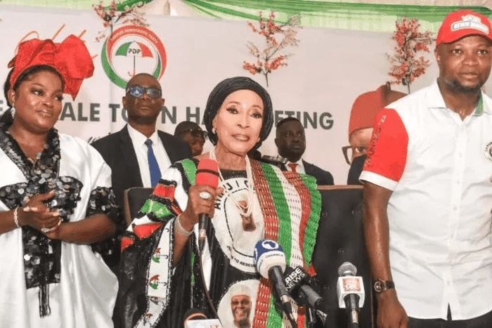From left, Peoples Democratic Party (PDP), Deputy Governorship Candidate, Funke Akindele; Wife of PDP Presidential Candidate, Hajia Titi Abubakar and PDP Governorship Candidate in Lagos, Dr Abdul-Azeez Adediran during the PDP Lagos State Female Town Ha...