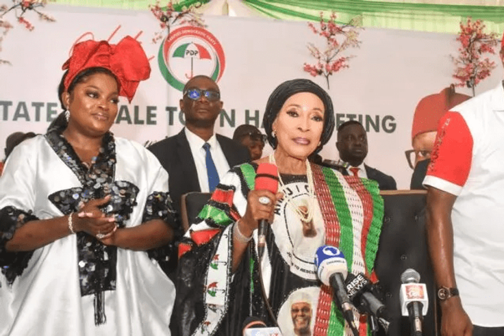 From left, Peoples Democratic Party (PDP), Deputy Governorship Candidate, Funke Akindele; Wife of PDP Presidential Candidate, Hajia Titi Abubakar and PDP Governorship Candidate in Lagos, Dr Abdul-Azeez Adediran during the PDP Lagos State Female Town Ha...