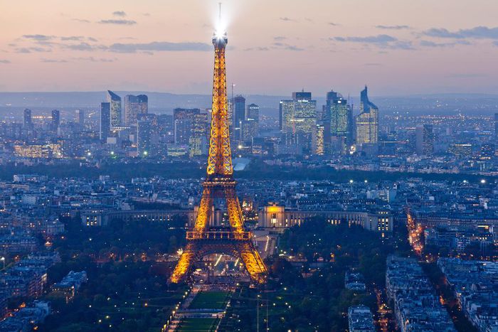 The Paris skyline at sunset.