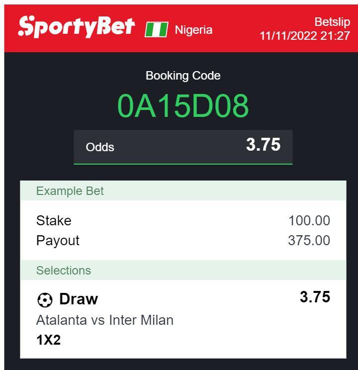 Straight draw SportyBet code for Atalanta vs Inter Milan