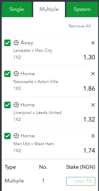 English Premier League accumulator on Sporty Bet