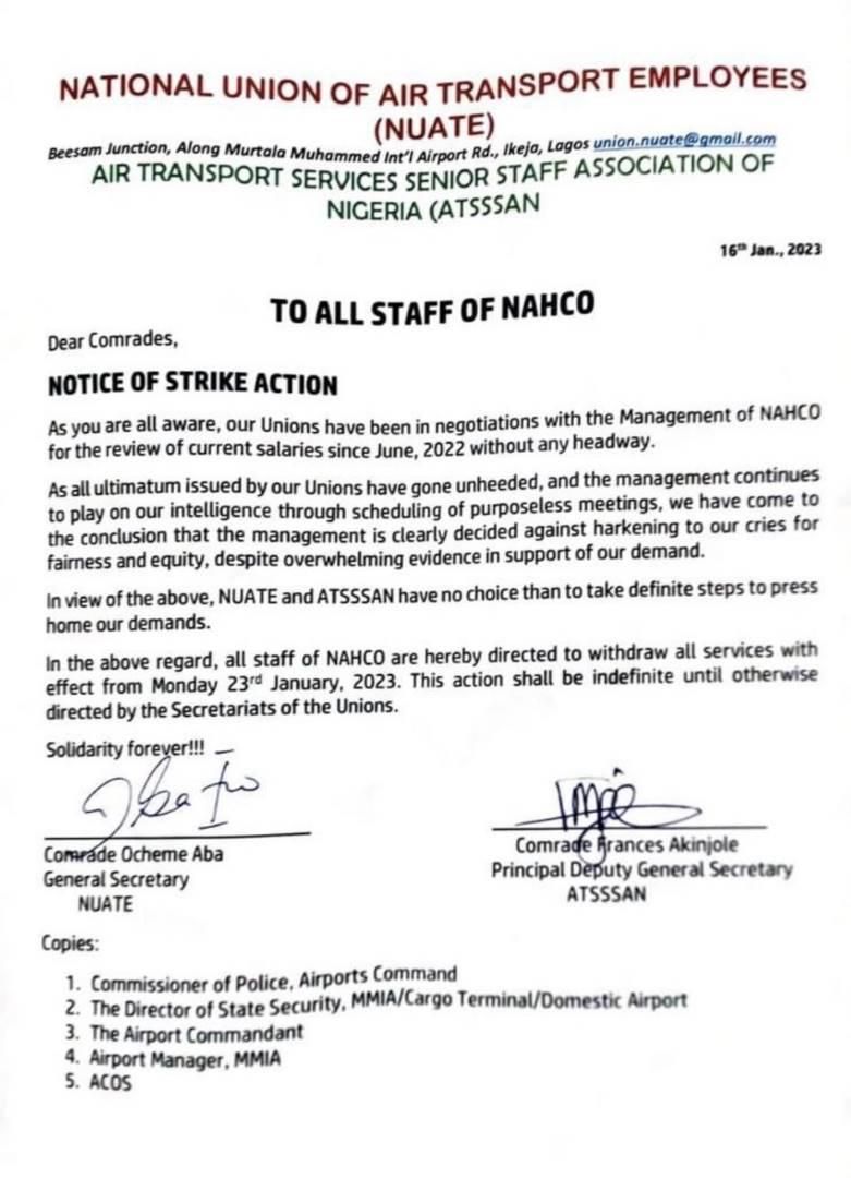 The National Union of Air Transport Employees, NUATE, confirmed the strike action in an official statement, co signed by the Air Transport Services Senior Staff Association of Nigeria (ATSSSAN).