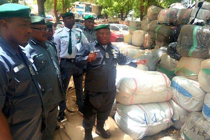 The Nigeria Customs Service Area Controller of Kebbi, Dr Ben Oramalugo, displaying intercepted donkey meat and skins in Birnin Kebbi on Friday, May 19, 2023. [NAN]