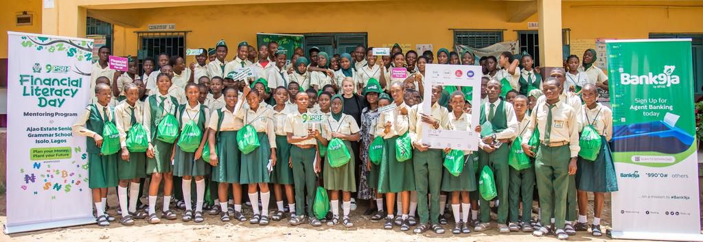 Chief Executive Officer and Managing Director, 9 Payment Service Bank, Branka Mracajac; the Principal, Ajao Estate Senior Grammar School, Mrs. Olabiran Ademola Angela and a cross-section of Ajao Estate Senior Secondary School Students, during the Globa...