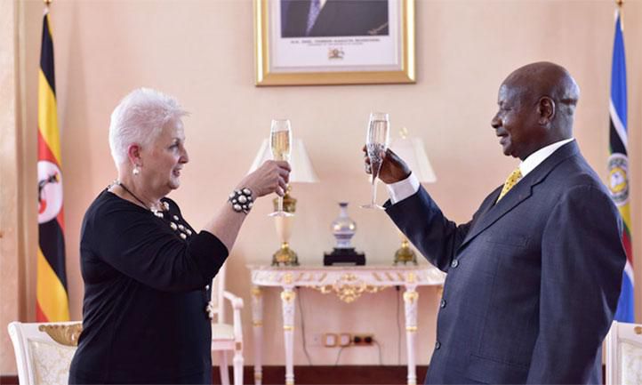 US-ambassador-to-Uganda-Deborah-Malac-makes-a-toasts-with-President-Museveni-at-State-House-recently