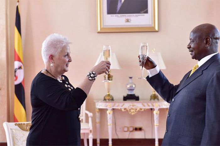 US-ambassador-to-Uganda-Deborah-Malac-makes-a-toasts-with-President-Museveni-at-State-House-recently