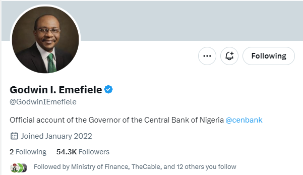 A screenshot of Godwin Emefiele's X header on Monday, September 25, 2023.