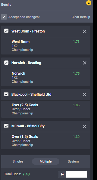 Bet9ja odds for the England Championship