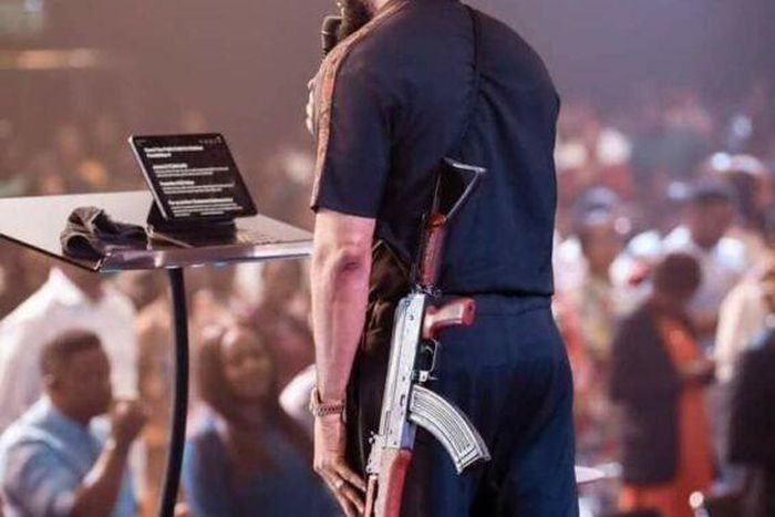 House on the Rock explains why Pastor Uche mounted pulpit with AK-47 rifle.