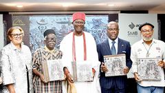 L-R: Sandra Mbanefo Obiago, Founder & Artistic Director, SMO Contemporary Art, and Access Bank Art Curator; Bruce Onobrakpeya, iconic painter, and sculptor; Igwe Nnaemeka Achebe, Obi of Onitsha & Founder, Chimedie Museum; Herbert Wigwe, Group Chief Exe...