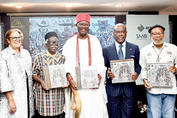 L-R: Sandra Mbanefo Obiago, Founder & Artistic Director, SMO Contemporary Art, and Access Bank Art Curator; Bruce Onobrakpeya, iconic painter, and sculptor; Igwe Nnaemeka Achebe, Obi of Onitsha & Founder, Chimedie Museum; Herbert Wigwe, Group Chief Exe...