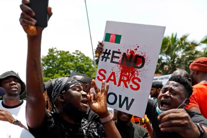 Nigerians living in South Africa protest in solidarity with youths back home protesting misgovernance and police brutality on Wednesday, Oct. 21, 2020 in Praetoria.  [Pulse]