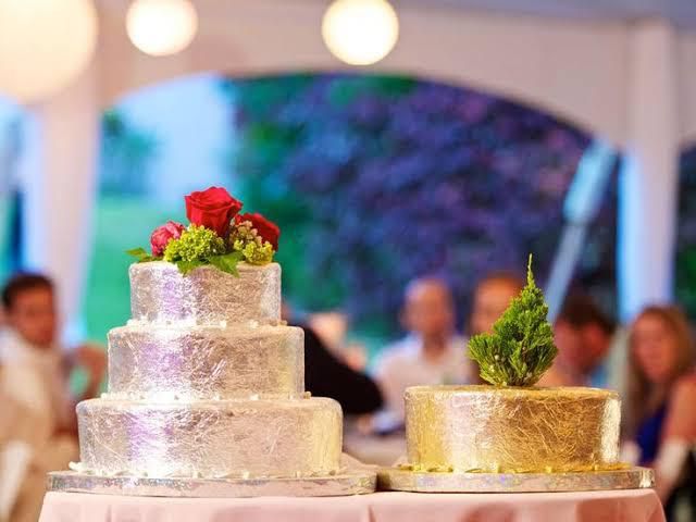 The cakes are topped with cedar saplings which the couple plant after [Pinterest]