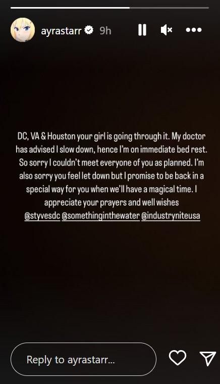 Ayra Starr misses show due to health concerns