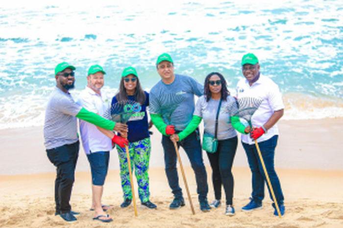 Members of the FBRA at the beach cleanup exercise on Friday to mark World Ocean Day. L-R: Chukwuemeka Aniukwu, Corporate Affairs Manager - South, Nigeria Breweries; Brent Grant, Managing Director, Prima Corporation; Doyinsola Ogunye, Founder, Recycling...