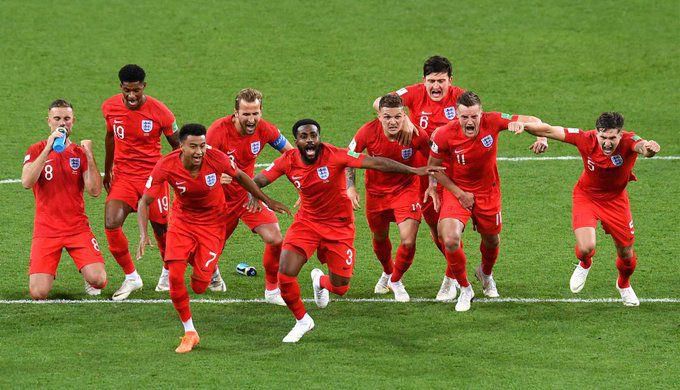 The England team after their penalty shootout win ovwe Colombia in 2018