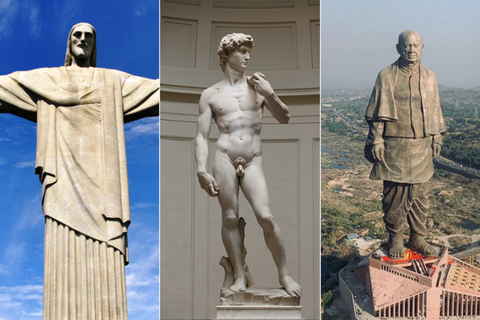 A collage of Christ the Redeemer Statue, The Statue of David and The Statue of Unity