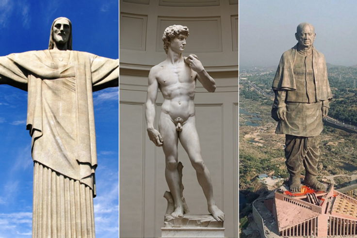 A collage of Christ the Redeemer Statue, The Statue of David and The Statue of Unity