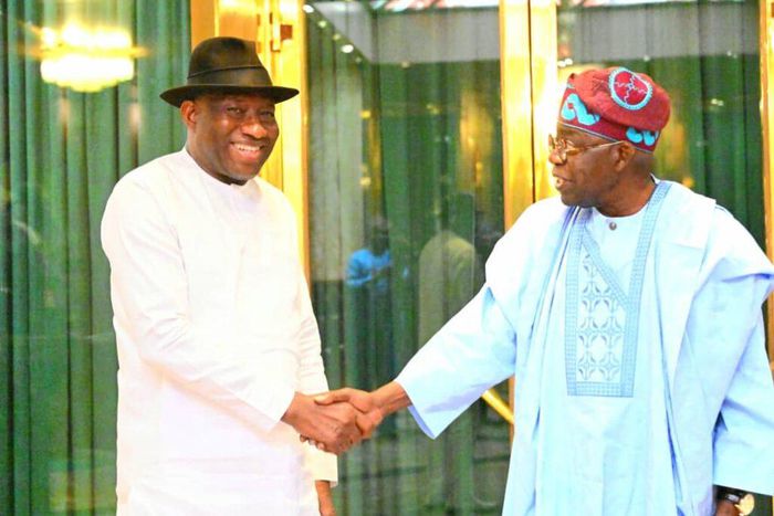 R-L : President Bola Tinubu receives former President Goodluck Jonathan at the State House, Abuja on Tuesday, July 18,  2023. [Tribune]