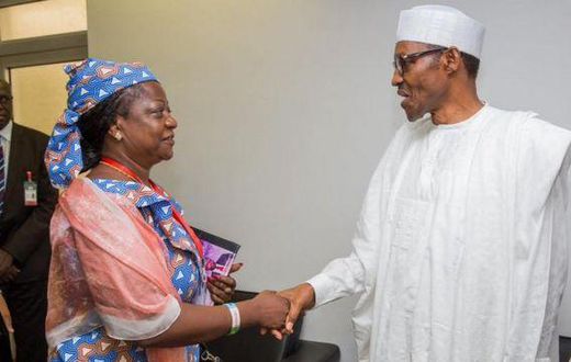 Lauretta Onochie (left) with President Muhammadu Buhari (right) [Facebook/Laurestar1]