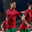 Bruno Fernandes and Cristiano Ronaldo celebrating a goal for Portugal