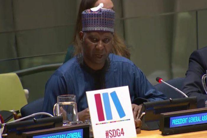 President of the UN General Assembly, Amb. Tijani Muhammad-Bande, delivering his opening remarks at the event. (NAN)