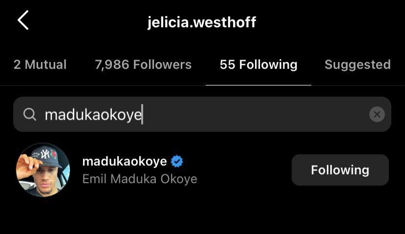 Jelicia Westhoff has followed back Maduka Okoye on Instagram