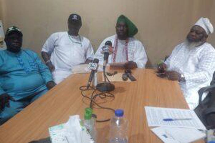 Chief Kamorudeen  Okikiola, the Aare Agbekoya Worldwide (3rd Left) and other leaders of the society at a news conference on Wednesday in Lagos.  [NAN]