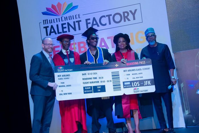 Caption From left: Consular General US Consulate, Lagos, Mr Will Stevens; Dean, School of Media and Communications, Pan-Atlantic University Dr. Ikechukwu Obiaya; best graduating student MultiChoiceTalentFactory class of 2023, Samuel Ogundeyi; Academy D...