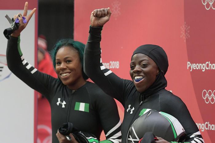 Nigerian sportswomen have made the country proud in recent years. Here's Seun Adigun (right) and Akuoma Omeoga in 2018. [MOHD RASFAN -AFP -GETTY IMAGES]