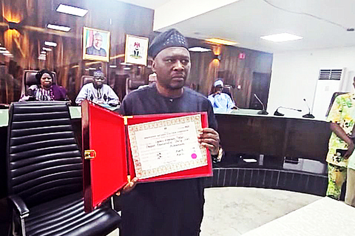 Fintiri receives Certificate of Return from INEC after month-long election. [Twitter:INEC]