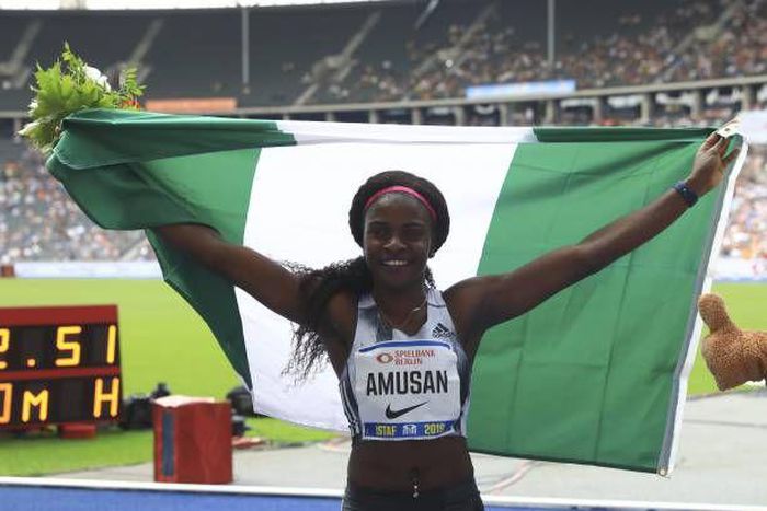 Tobi Amusan celebrates after winning at the ISTAF in Berlin