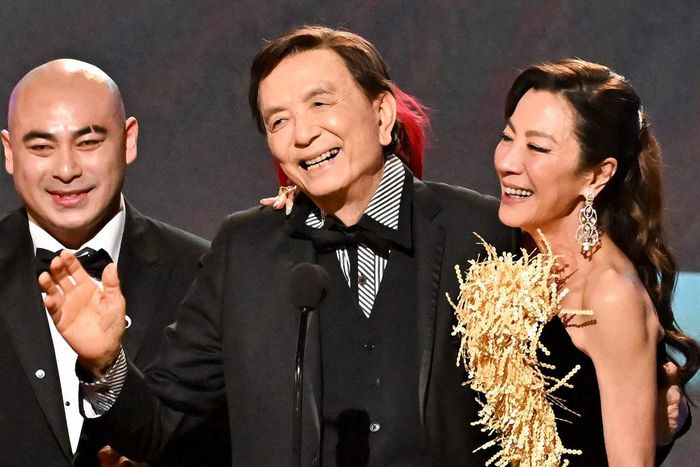Brian Le, James Hong, and Michelle Yeoh accept the outstanding performance by a cast in a motion picture award for "Everything Everywhere All at Once" at the 2023 SAG awards.Michael Buckner/Variety via Getty Images